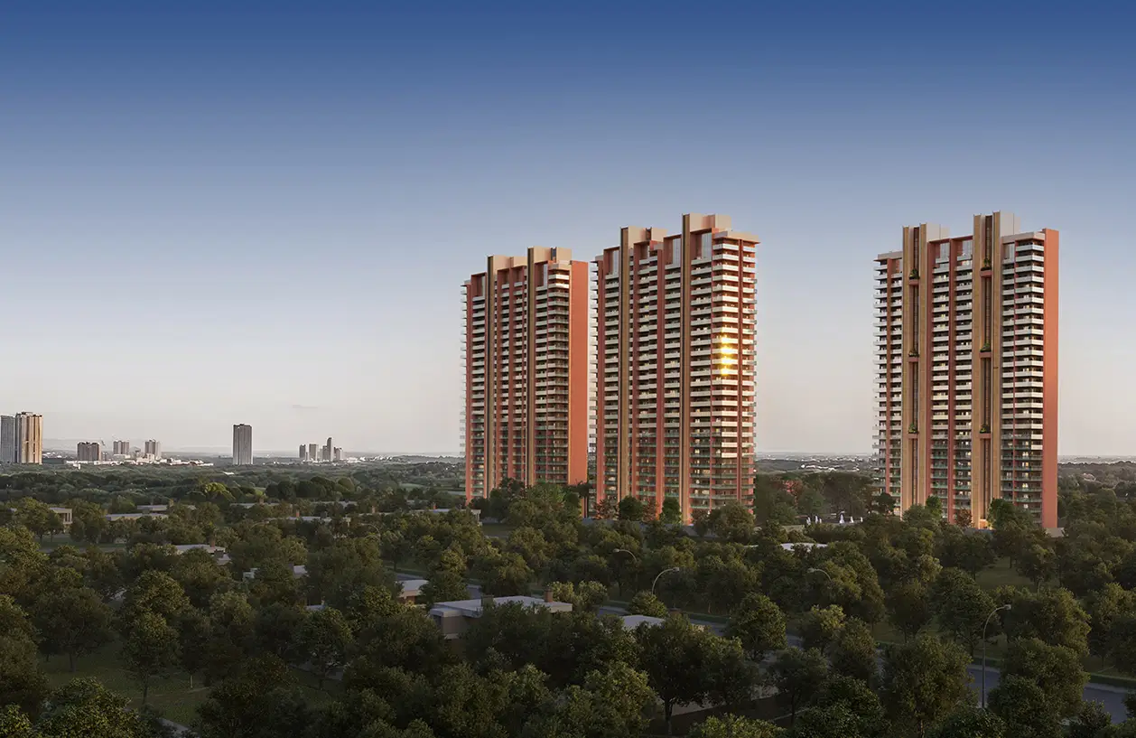 Residential high-rise towers at dusk
